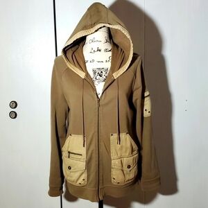 Lauren Ralph Lauren- Tan Utility Jacket Front Cargo Pockets Hood Neutral Sz. M